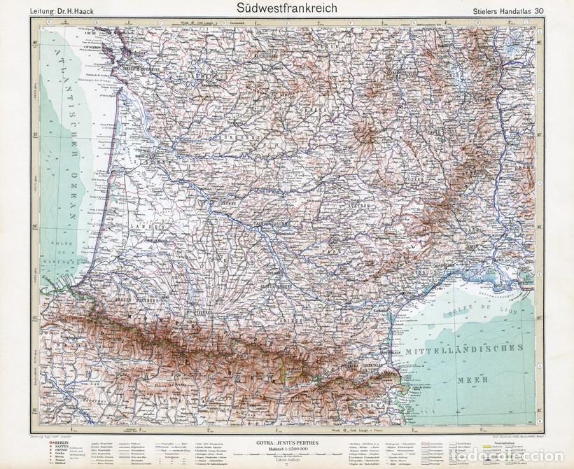Mapas contempor&aacute;neos: MAPA (GRABADO COBRE) DEL SUDOESTE DE FRANCIA. STIELERS ATLAS CENTENARIO 1931 (GASCU&Ntilde;A, LANGUEDOC...)