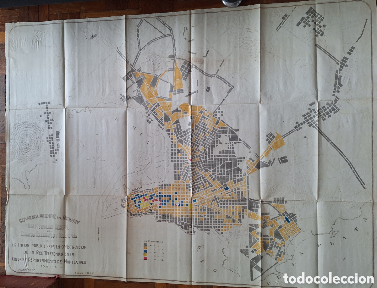 Mapas contempor&aacute;neos: GRAN MAPA ENTELADO LICITACION CONSTRUCCION RED TELEFONICA DEPARTAMENTO MONTEVIDEO 1919 ADM CORREOS