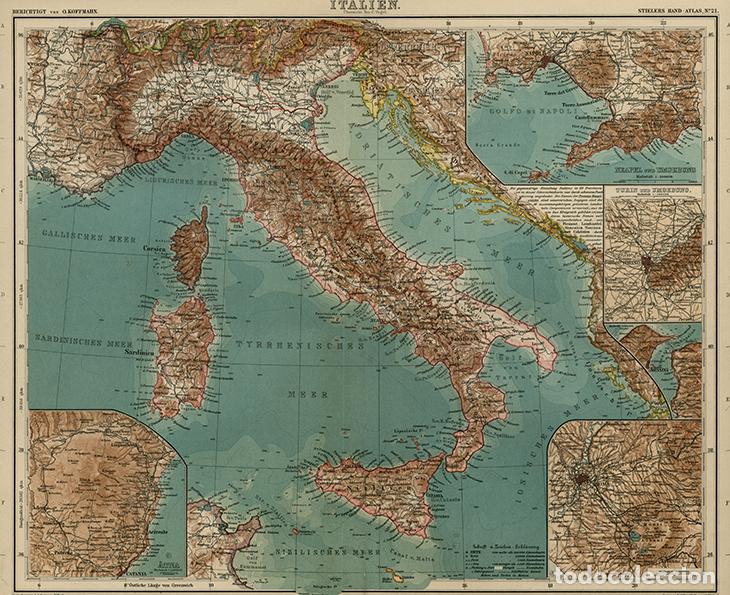 Mapas contempor&aacute;neos: MAPA DEL REINO DE ITALIA, N&Aacute;POLES, TUR&Iacute;N, ROMA, ETNA, DE 1908, LITOGRAF&Iacute;A STIELER&rsquo;S, 9&ordf; Ed. CARTA