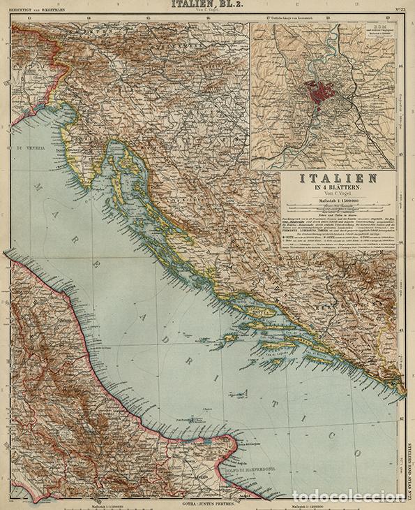 Mapas contempor&aacute;neos: MAPA DE LA COSTA ADRI&Aacute;TICA (ITALIA, DALMACIA) Y CUADRO DE ROMA, DE 1908, LITOGRAF&Iacute;A STIELER&rsquo;S, 9&ordf; Ed