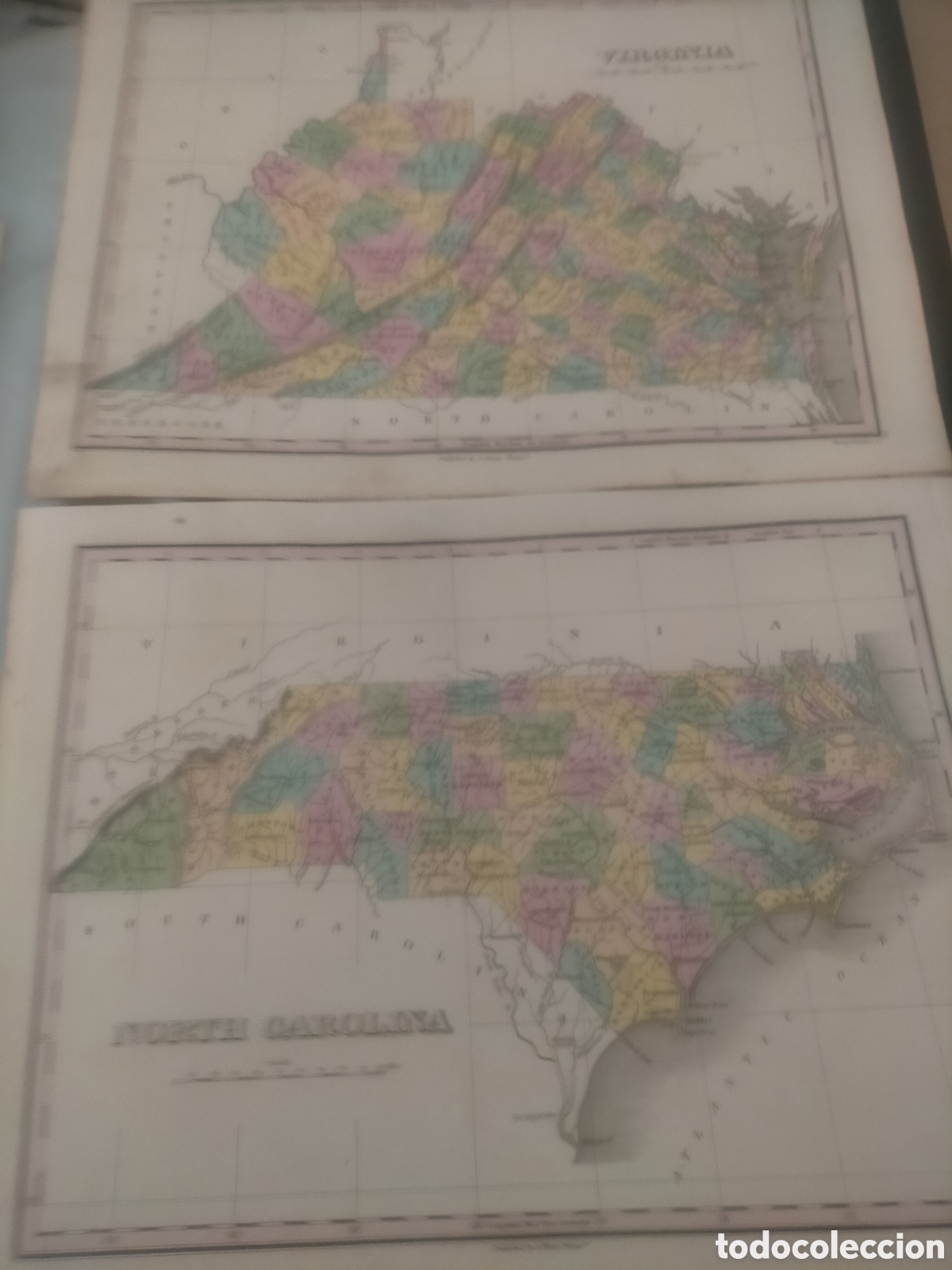 Mapas contempor&aacute;neos: Mapas de nord de Carolina y Virginia Anthony phile 1827 coloreada originales