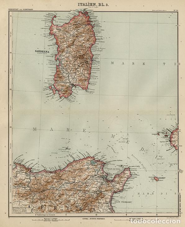 Mapas contempor&aacute;neos: MAPA DE CERDE&Ntilde;A (REINO DE ITALIA) Y T&Uacute;NEZ (FRANC&Eacute;S), 1908, LITOGRAF&Iacute;A STIELER&rsquo;S, 9&ordf; Ed. MEDITERR&Aacute;NEO