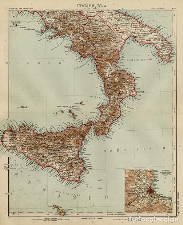 Mapas contempor&aacute;neos: MAPA DEL SUR DEL REINO DE ITALIA, SICILIA, MALTA, DETALLE PALERMO, DE 1908, LITOGRAF&Iacute;A STIELER&rsquo;S, 9&ordf;