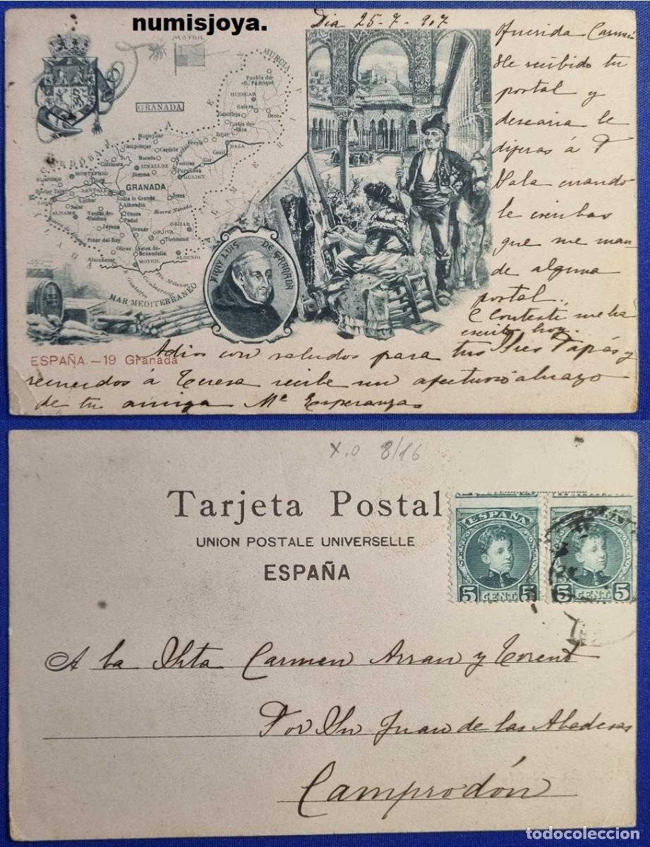 Mapas contempor&aacute;neos: Postal MAPA Granada Espa&ntilde;a a&ntilde;o 1900 PROVINCIAS Uni&oacute;n Postal Universal RARA. Escrita en 1907.