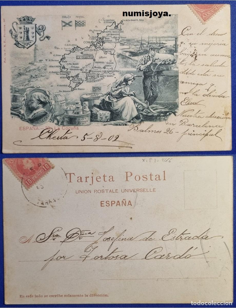 Mapas contempor&aacute;neos: Postal MAPA La Coru&ntilde;a Espa&ntilde;a a&ntilde;o 1900 PROVINCIAS Uni&oacute;n Postal Universal RARA. Escrita en 1902.