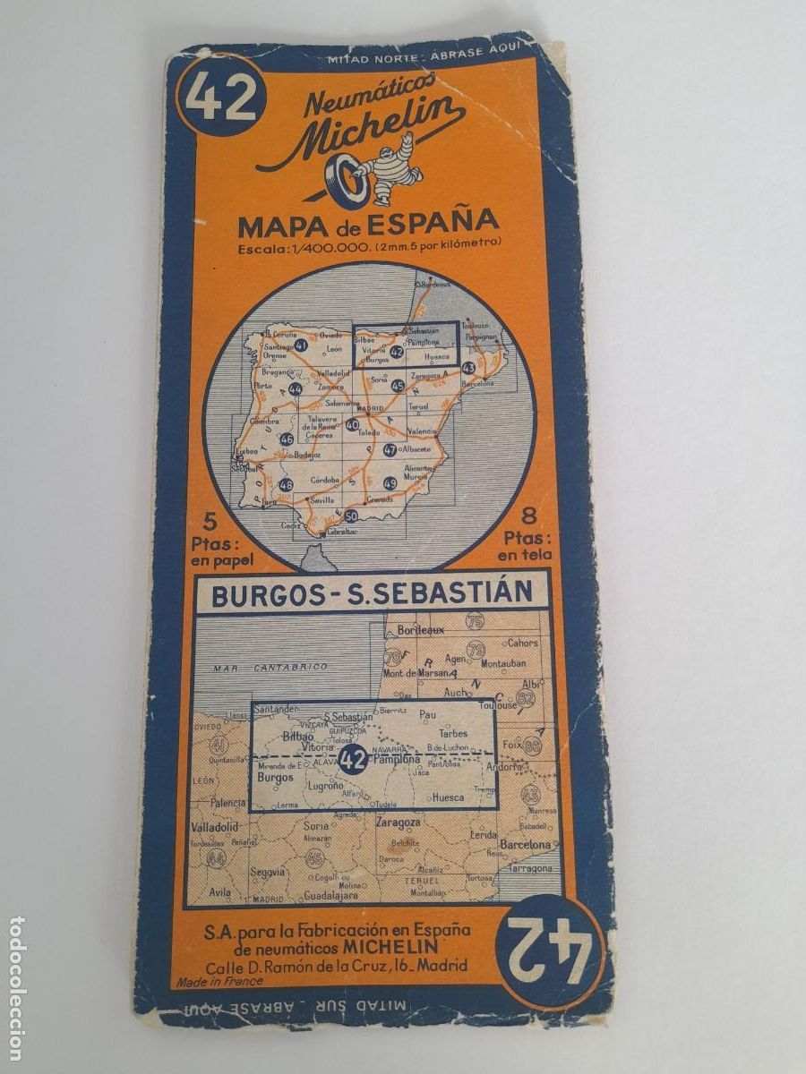 Mapas contempor&aacute;neos: Mapa michelin Espa&ntilde;a n&deg; 42, burgos - s sebastian, a&ntilde;os 30/40