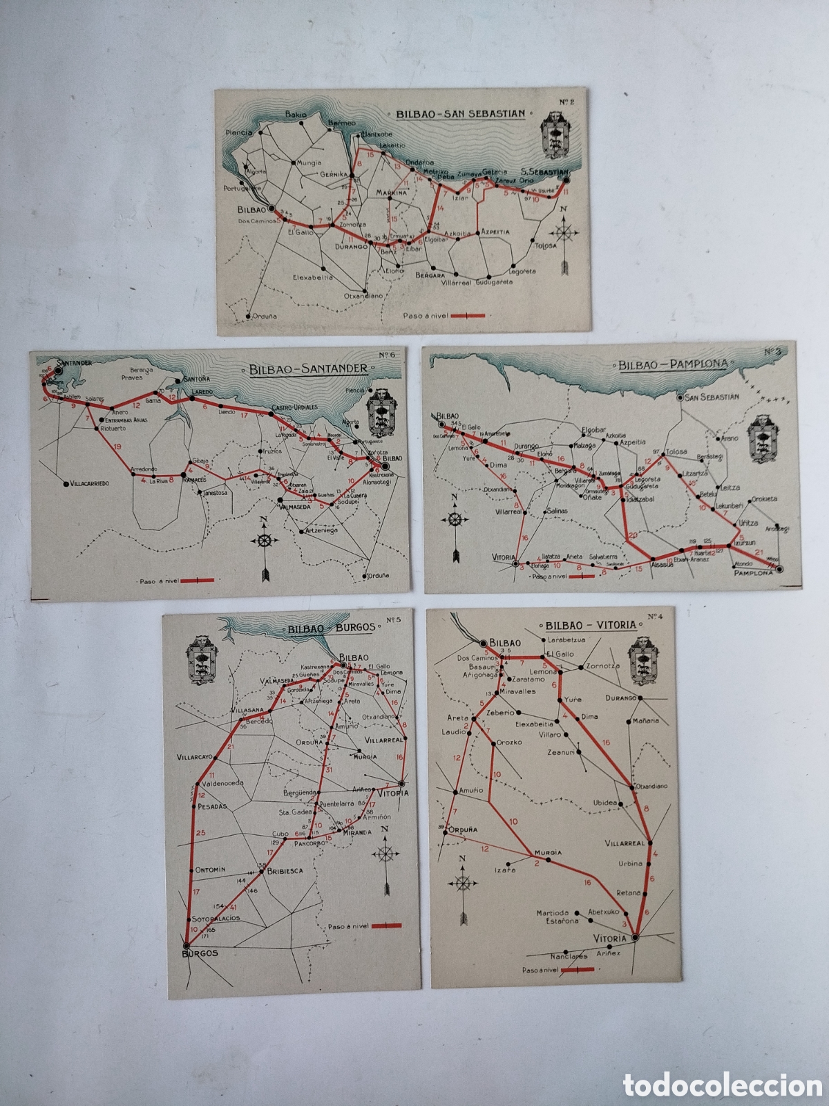 Mapas contempor&aacute;neos: 5 MAPAS DE CARRETERA DESDE BILBAO A DISTINTAS CAPITALES. DIPUTACI&Oacute;N DE BIZKAIA. BILING&Uuml;ES 1918