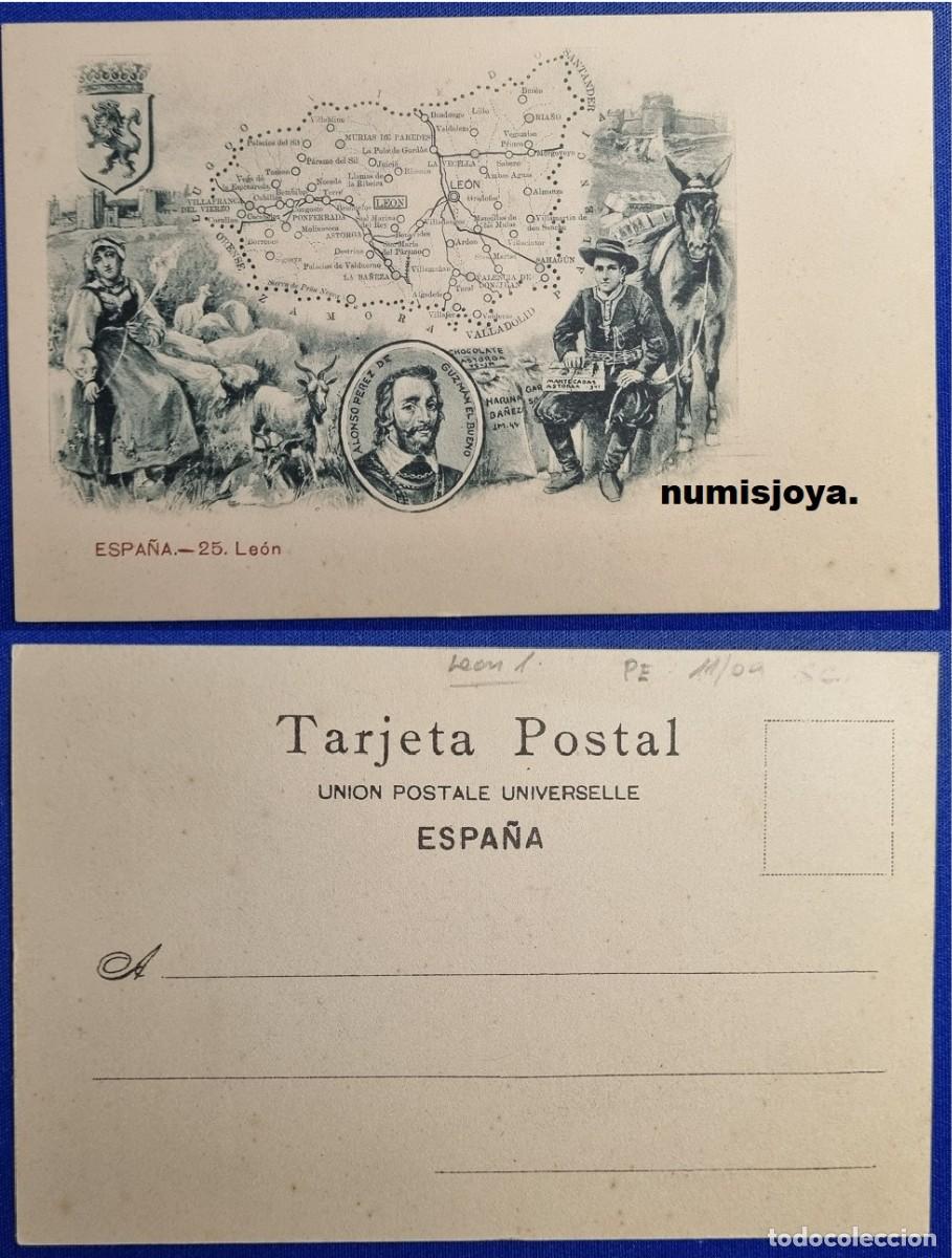 Mapas contempor&aacute;neos: Postal MAPA LEON Espa&ntilde;a a&ntilde;o 1900 PROVINCIAS Uni&oacute;n Postal Universal RARA.