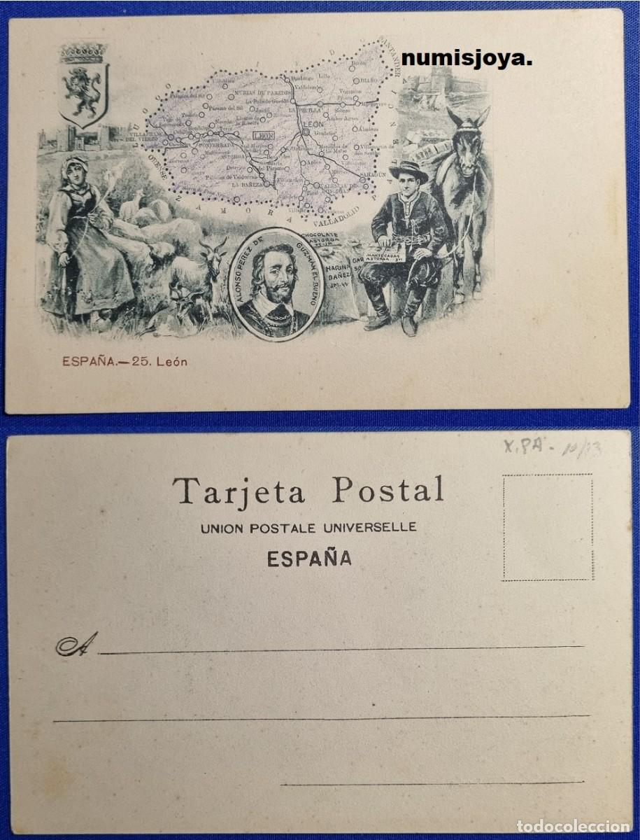 Mapas contempor&aacute;neos: Postal MAPA LEON Espa&ntilde;a a&ntilde;o 1900 PROVINCIAS Uni&oacute;n Postal Universal RARA.