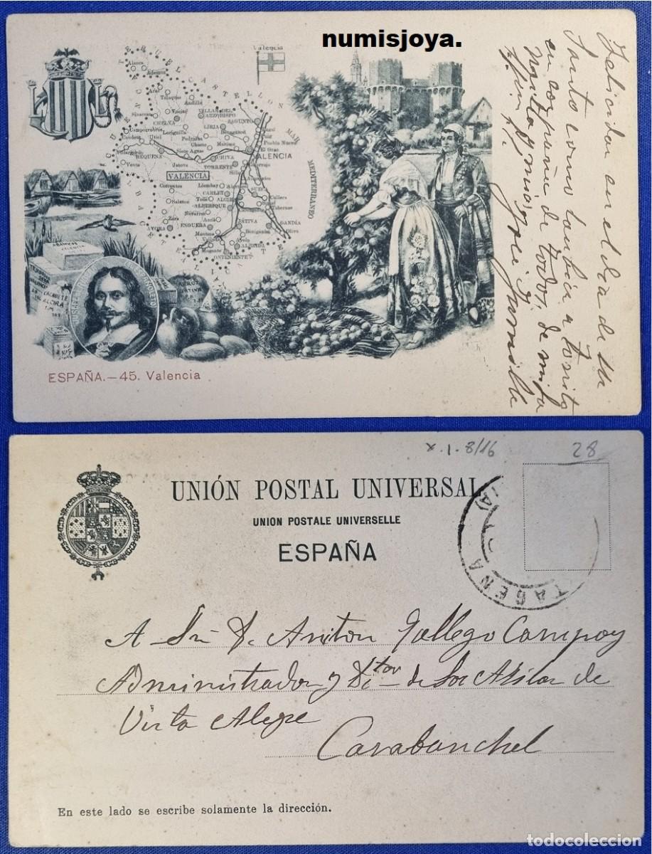 Mapas contempor&aacute;neos: Postal MAPA VALENCIA Espa&ntilde;a a&ntilde;o 1900 PROVINCIAS Uni&oacute;n Postal Universal RARA. Escrita en 1905.