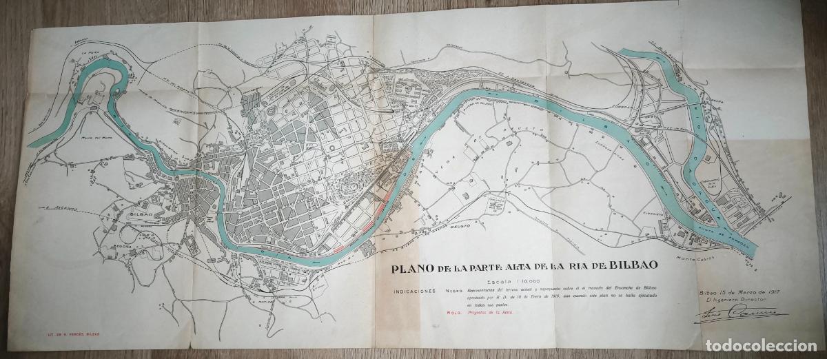 Mapas contempor&aacute;neos: Plano de la Parte Alta de la Ria de Bilbao en 1917. Luis Cami&ntilde;as. Lit. E. Verdes. 33 x 77 cms.