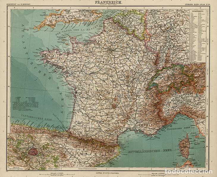Mapas contempor&aacute;neos: MAPA GENERAL DE FRANCIA, CON CUADRO APARTE PARA DETALLE DE PAR&Iacute;S, 1908, LITOGRAF&Iacute;A STIELER&rsquo;S, 9&ordf; Ed.
