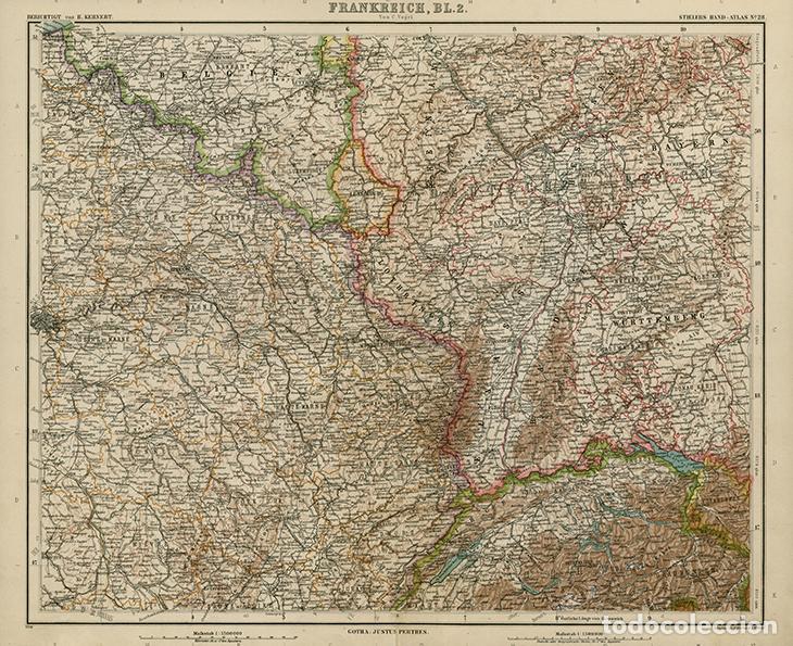 Mapas contempor&aacute;neos: MAPA DEL ESTE DE FRANCIA, FRONTERA CON EL IMPERIO ALEM&Aacute;N, DE 1908, LITOGRAF&Iacute;A STIELER&rsquo;S, 9&ordf; Ed.