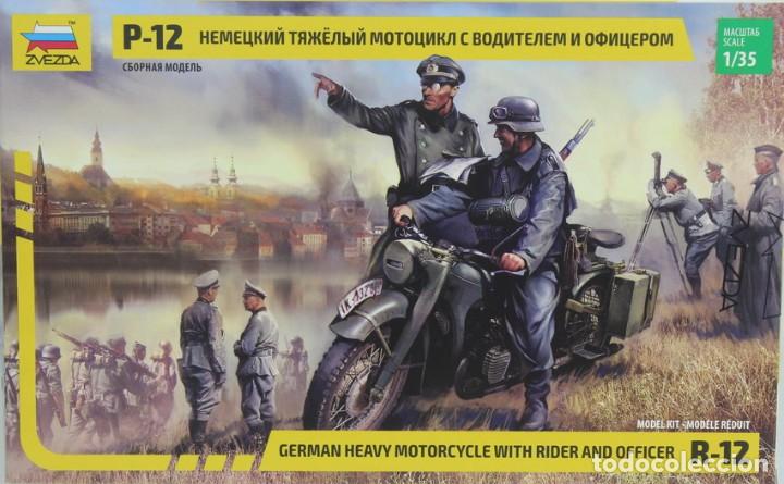 Maquetas: Maqueta motocicleta BMW R-12 con motorista y oficiales, ref. 3632, 1/35, Zvezda