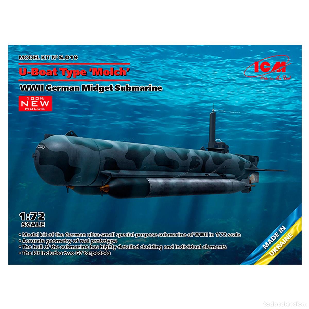 Maquetas: Maqueta ICM U-Boat Type &lsquo;Molch&rsquo;, WWII German Midget Submarine (100% new molds) ESCALA 1/72