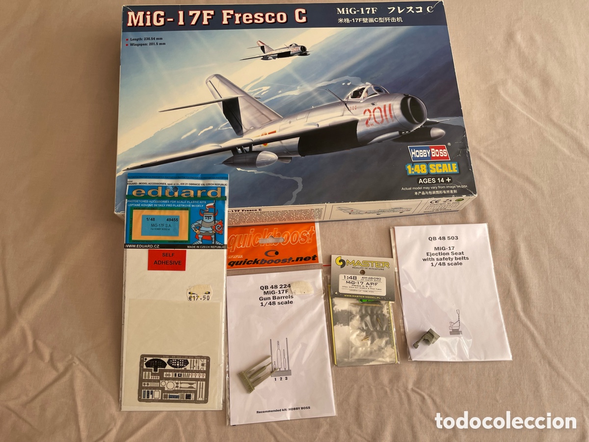 Maquetas: MiG-17F Fresco C 1:48 ca&ntilde;ones y soportes en resina y metal, fotograbado en color, asiento HOBBY BOSS