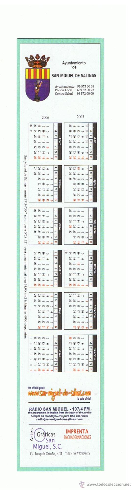 Coleccionismo Marcap&aacute;ginas: MP81 Marcapaginas  Ayuntamiento de San Miguel De Salinas Calendario 2005-2006