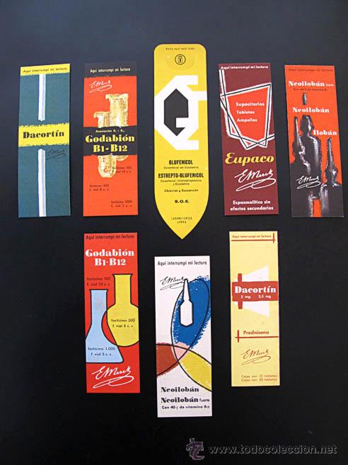 Coleccionismo Marcap&aacute;ginas: LOTE 8 MARCAP&Aacute;GINAS ANTIGUOS, A&Ntilde;OS 50 - PUBLICIDAD FARMACIA - LABORATORIOS MERCK Y JORBA -PERFECTOS