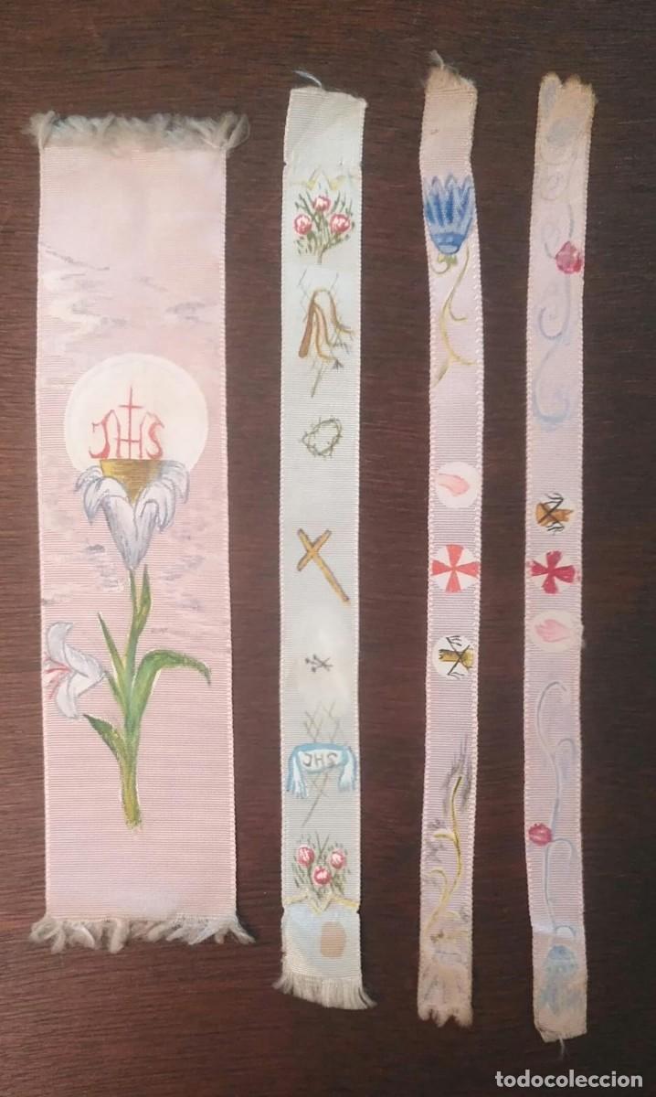 Collezionismo Segnalibri: Lote 4 separadores tela pintada con motivos eucar&iacute;sticos / religiosos - extremos para reparar