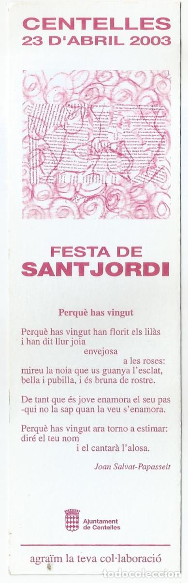 Coleccionismo Marcap&aacute;ginas: MARCAP&Aacute;GINAS / PUNTO DE LIBRO - FESTA DE SANT JORDI 2003 - CENTELLES