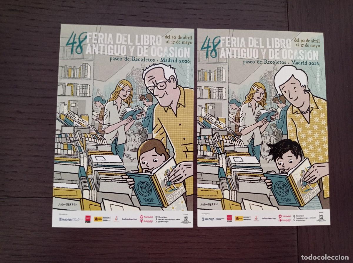 Coleccionismo Marcap&aacute;ginas: 2 POSTALES. 48 FERIA DEL LIBRO ANTIGUO Y DE OCASI&Oacute;N. PASEO DE RECOLETOS MADRID 2026
