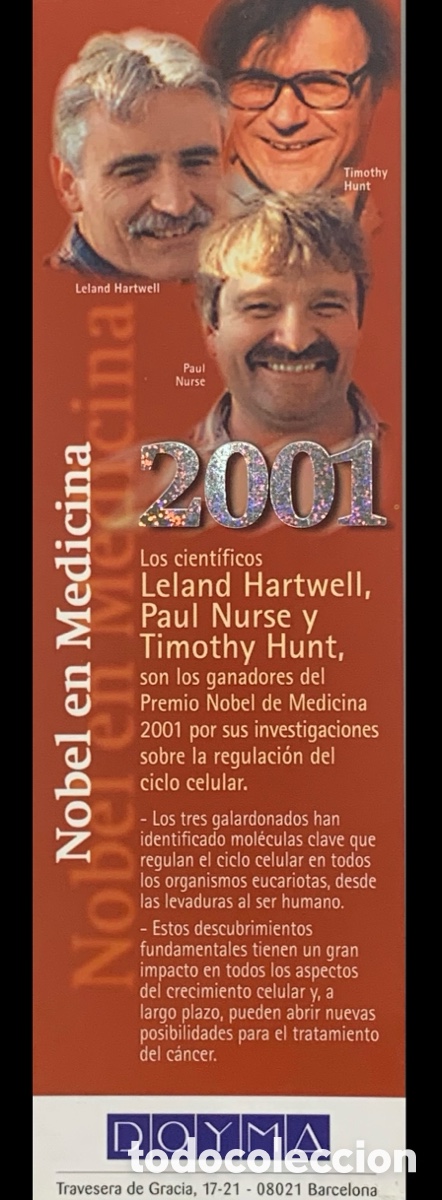 Coleccionismo marcap&aacute;ginas: Marcapaginas. Nobel de Medicina. Doyma. 2001.