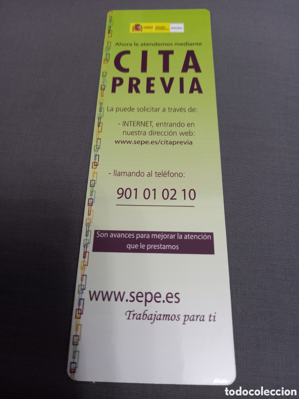 Coleccionismo marcap&aacute;ginas: Marcapaginas o punto de libro. Cita previa sepe. A&ntilde;o 2012