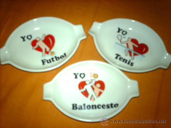 Colecionismo desportivo: LOTE 3 CENICEROS DE PORCELANA DEPORTES A&Ntilde;OS 80-FUTBOL-BALONCESTO-TENIS