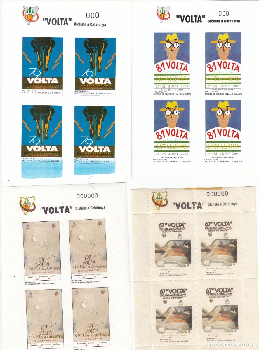 Coleccionismo deportivo: CICLISMO. VOLTA A CATALUNYA. Lote de 11 hojitas de cuatro vi&ntilde;etas de MUESTRA, con numeraci&oacute;n CEROS.