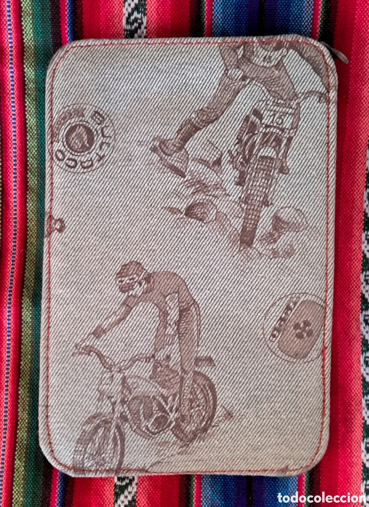 Sammelleidenschaft Sport: Estuche escolar en tela a&ntilde;os 80, decorado con motos Bultaco. Lapices de colores Festival