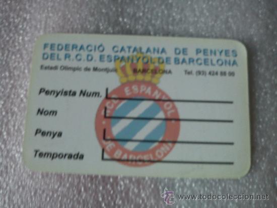 Colecionismo desportivo: Carnet de pe&ntilde;ista RCD Espanyol R.C.D Espa&ntilde;ol a&ntilde;os 90 f&uacute;tbol federaci&oacute;n de pe&ntilde;as