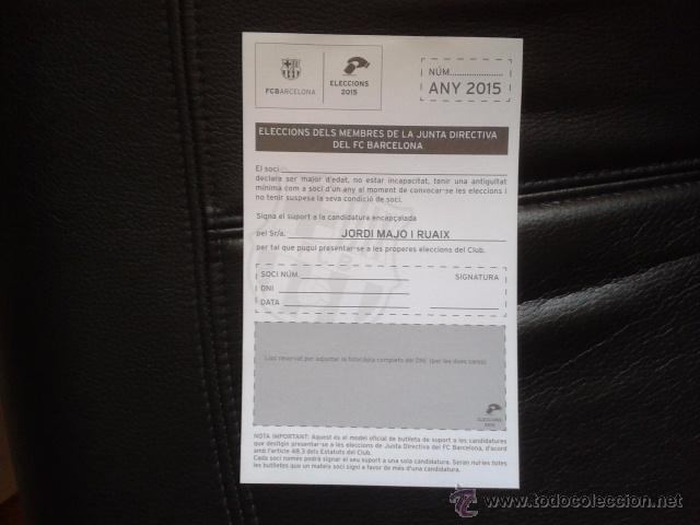 Sports collectibles: Impreso para colecci&oacute;n vac&iacute;o aval elecciones presidencia Bar&ccedil;a 2015 F&uacute;tbol Club Barcelona Jordi Maj&oacute;