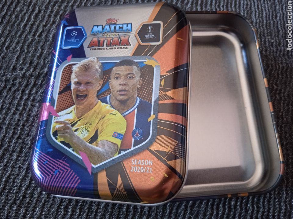 Coleccionismo deportivo: MINI LATA CAJA VAC&Iacute;A CROMO MATCH ATTAX TOPPS CHAMPIONS LEAGUE 2020-2021 20-21 HAALAND MBAPPE TIN BOX