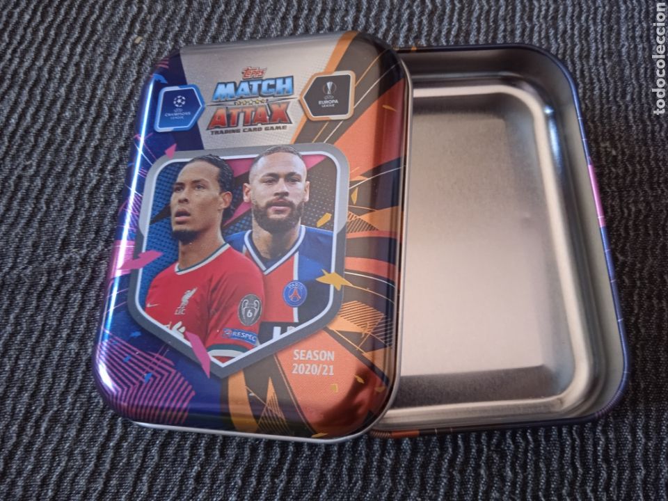 Coleccionismo deportivo: MINI LATA CAJA VAC&Iacute;A CROMO MATCH ATTAX TOPPS CHAMPIONS LEAGUE 2020-2021 20-21 NEYMAR VAN DIJK TIN