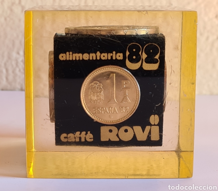 Coleccionismo deportivo: Cubo Metacrilato 6 Monedas Peseta Copa Mundial F&uacute;tbol Espa&ntilde;a promo Caf&eacute; Rovi Feria Alimentaria 82