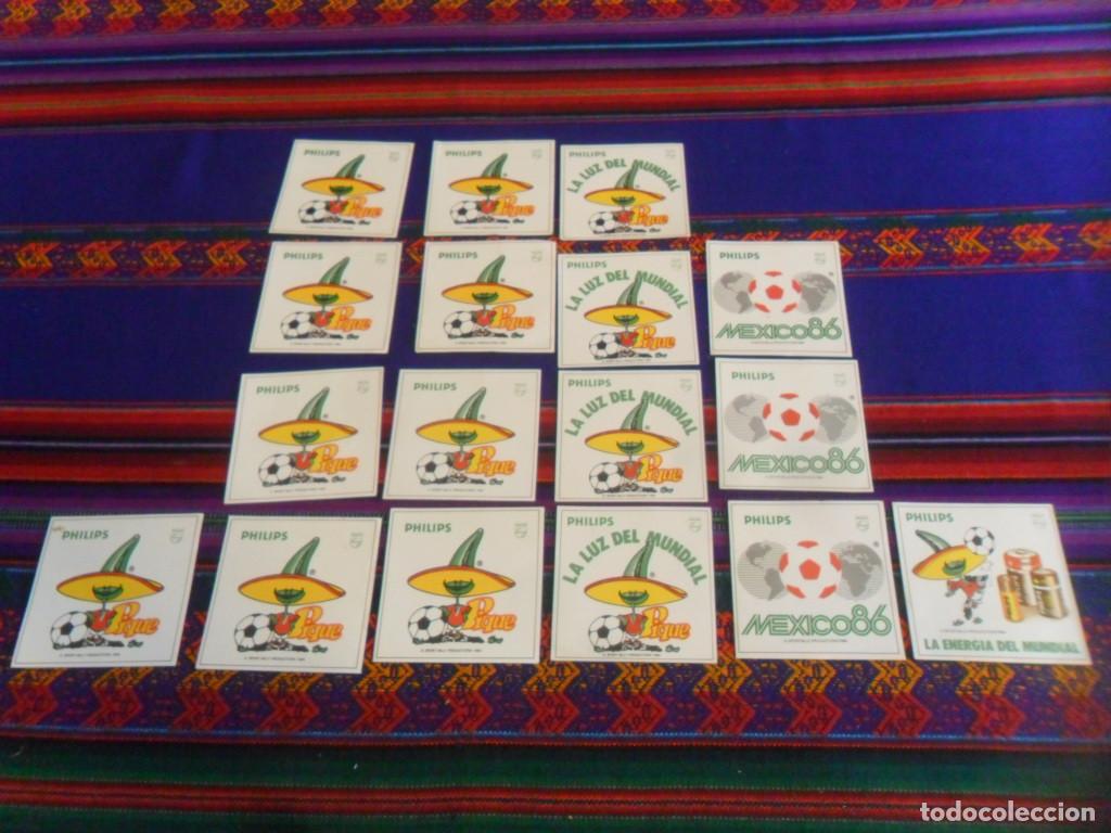 Sports collectibles: 17 PEGATINA MUNDIAL F&Uacute;TBOL M&Eacute;XICO 86 MASCOTA PIQUE PHILIPS LA ENERG&Iacute;A DEL MUNDIAL SORTEO 7,5X7,5 CMS