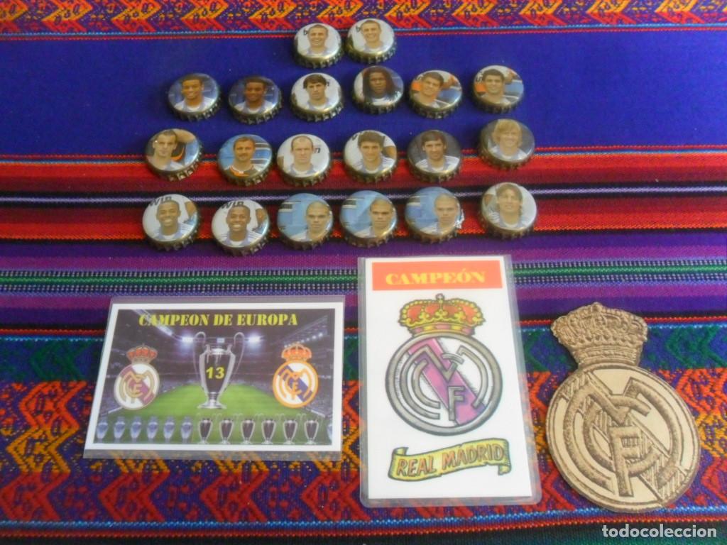 Coleccionismo deportivo: 21 CHAPA TAP&Oacute;N MAHOU REAL MADRID 2007 2008. REGALO 2 CALENDARIO 13 CAMPE&Oacute;N EUROPA 2017 2019 ESCUDO.