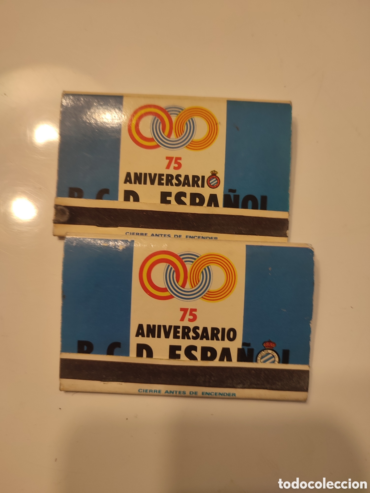 Coleccionismo deportivo: 2 cajas de cerillas R.C.D.Rspa&ntilde;ol. 75 aniversario.