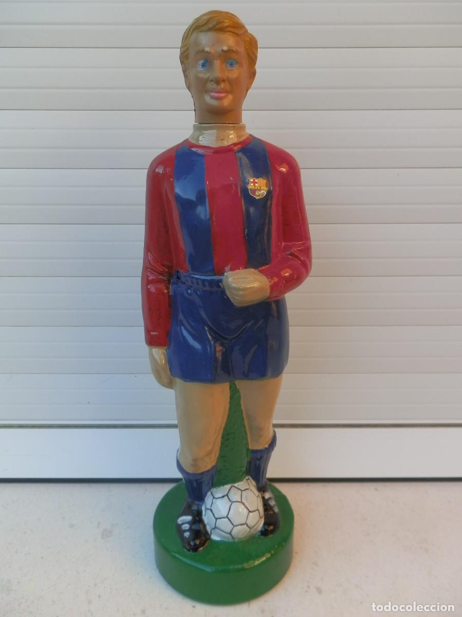 Sammelleidenschaft Sport: BOTELLA DE LICOR VAC&Iacute;A CON FORMA DE FUTBOLISTA DEL F&uacute;tbol Club Barcelona. MIDE 32 cm DE ALTA.