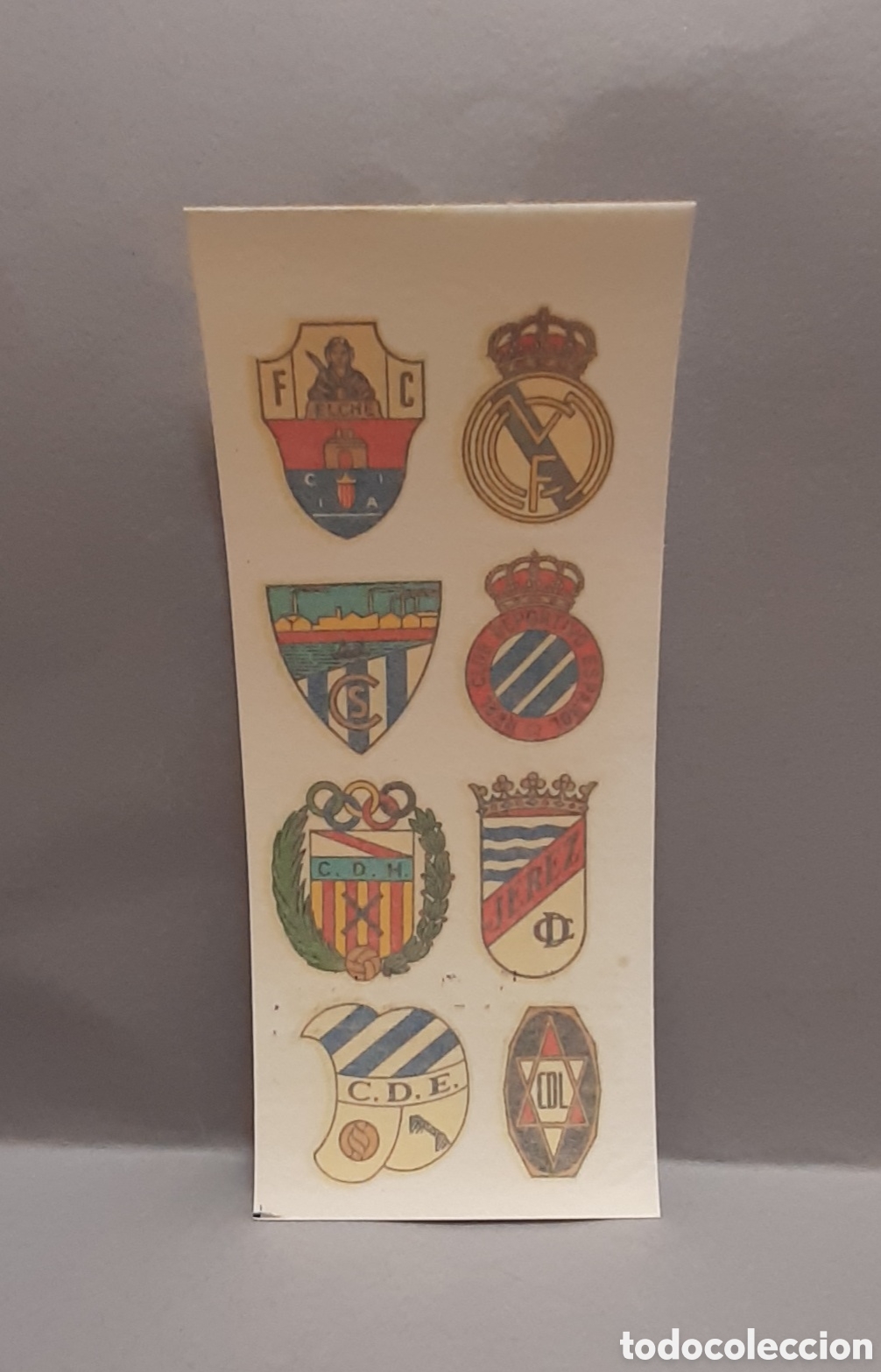 Coleccionismo deportivo: Calcomanias escudo f&uacute;tbol equipos Ortega a&ntilde;os 60 Real Madrid Jerez Espa&ntilde;ol Elche y otros