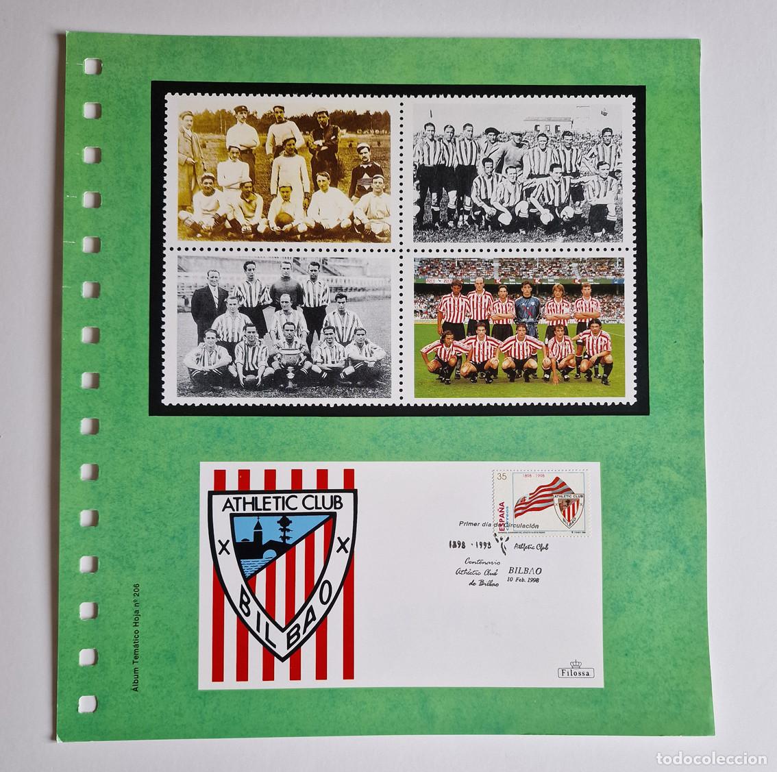 Coleccionismo deportivo: Hoja CENTENARIO ATHLETIC CLUB Bilbao 1898-1998 Filatelia y Matasellos Primer D&iacute;a BILBAO Futbol