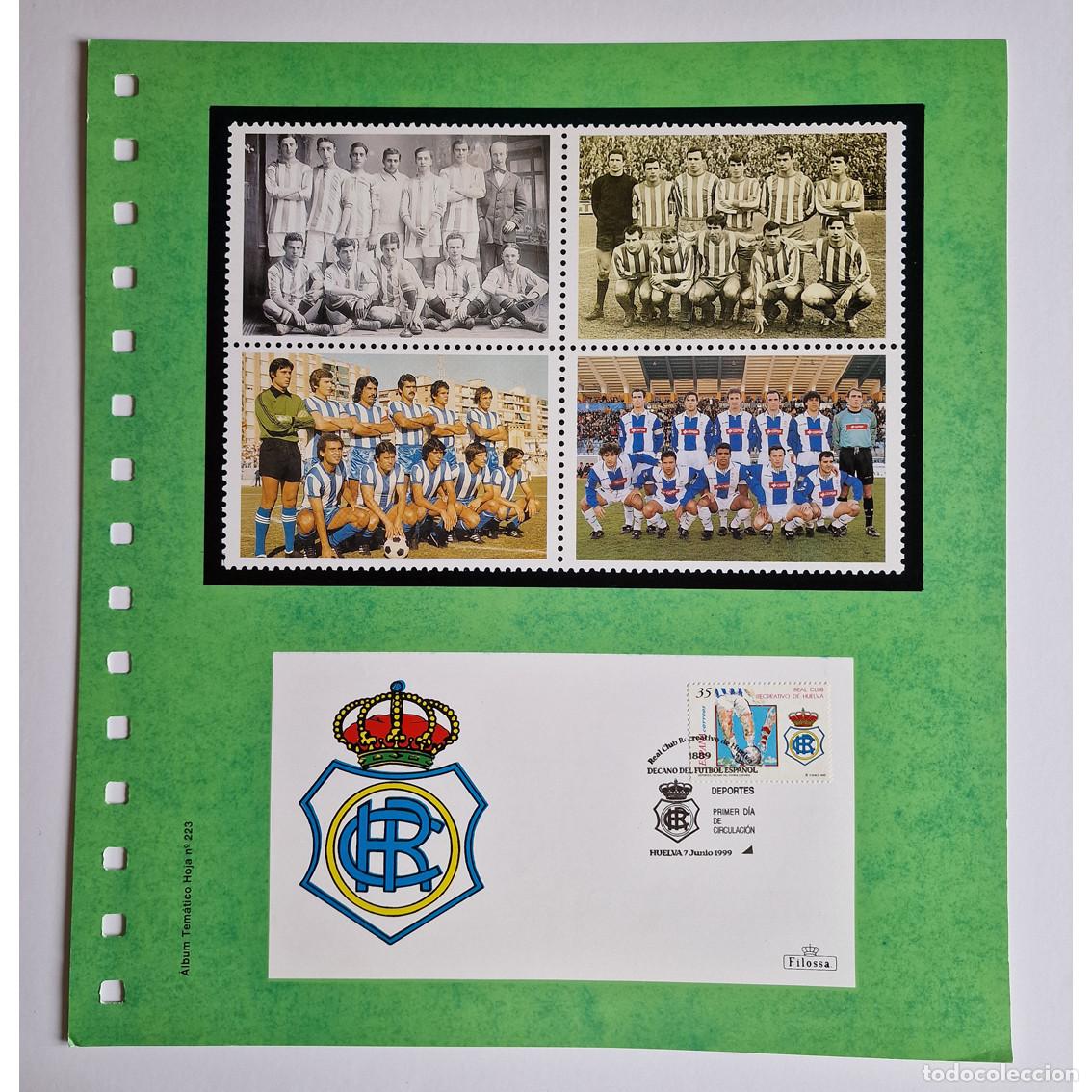 Coleccionismo deportivo: Hoja RECREATIVO DE HUELVA Decano F&uacute;tbol Espa&ntilde;ol 1889 Filatelia Matasellos Primer D&iacute;a HUELVA 1999