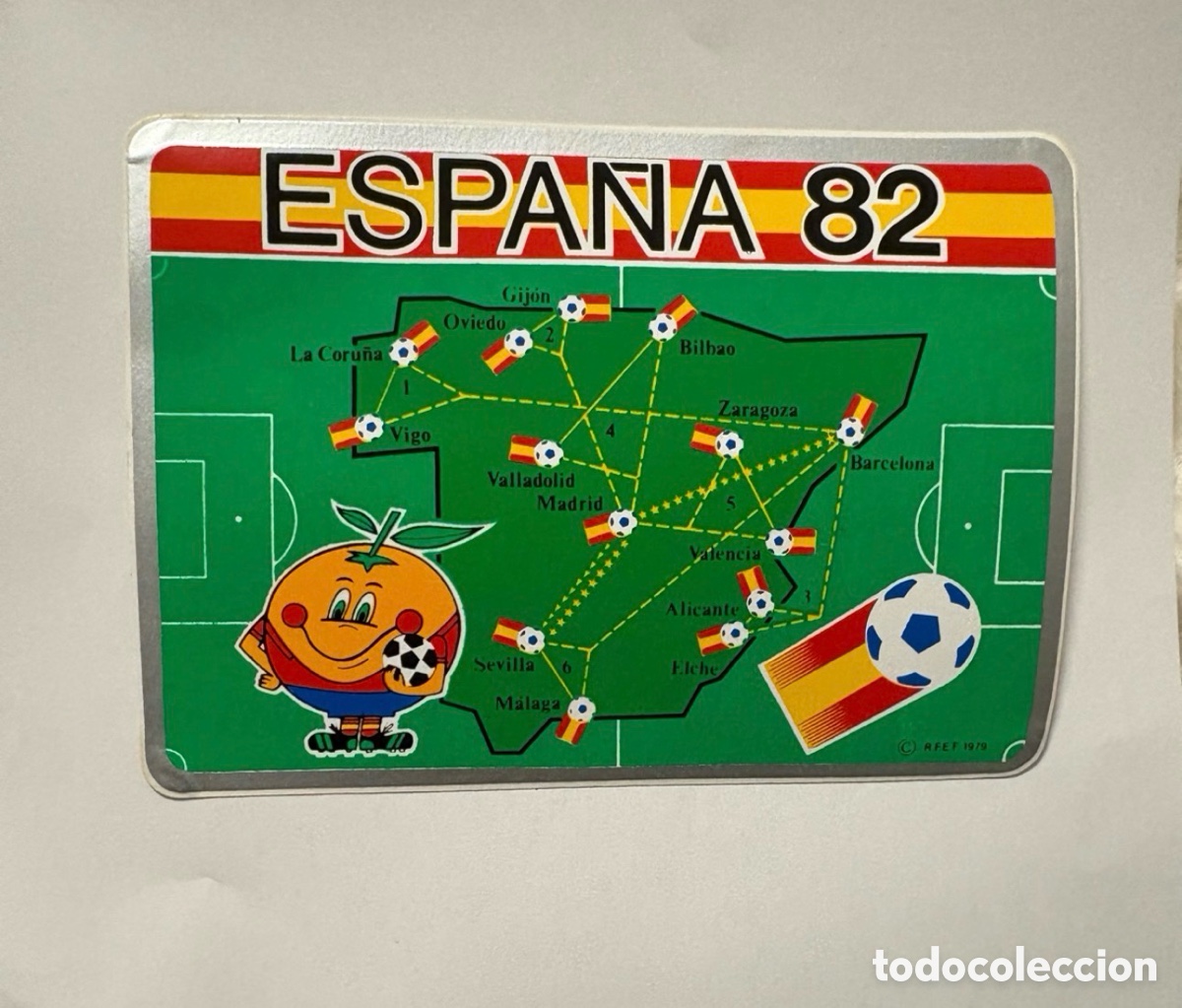Sports collectibles: ADHESIVO PEGATINA SEDES MUNDIAL ESPA&Ntilde;A 82 - MUNDIAL 1982 - FUTBOL - NARANJITO