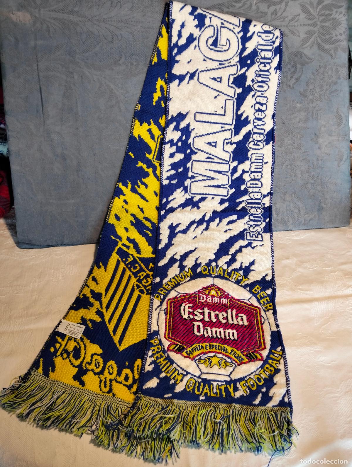 Coleccionismo deportivo: Bufanda vintage club de f&uacute;tbol a&ntilde;os 90 estrella damm blanco azul Malaga CF
