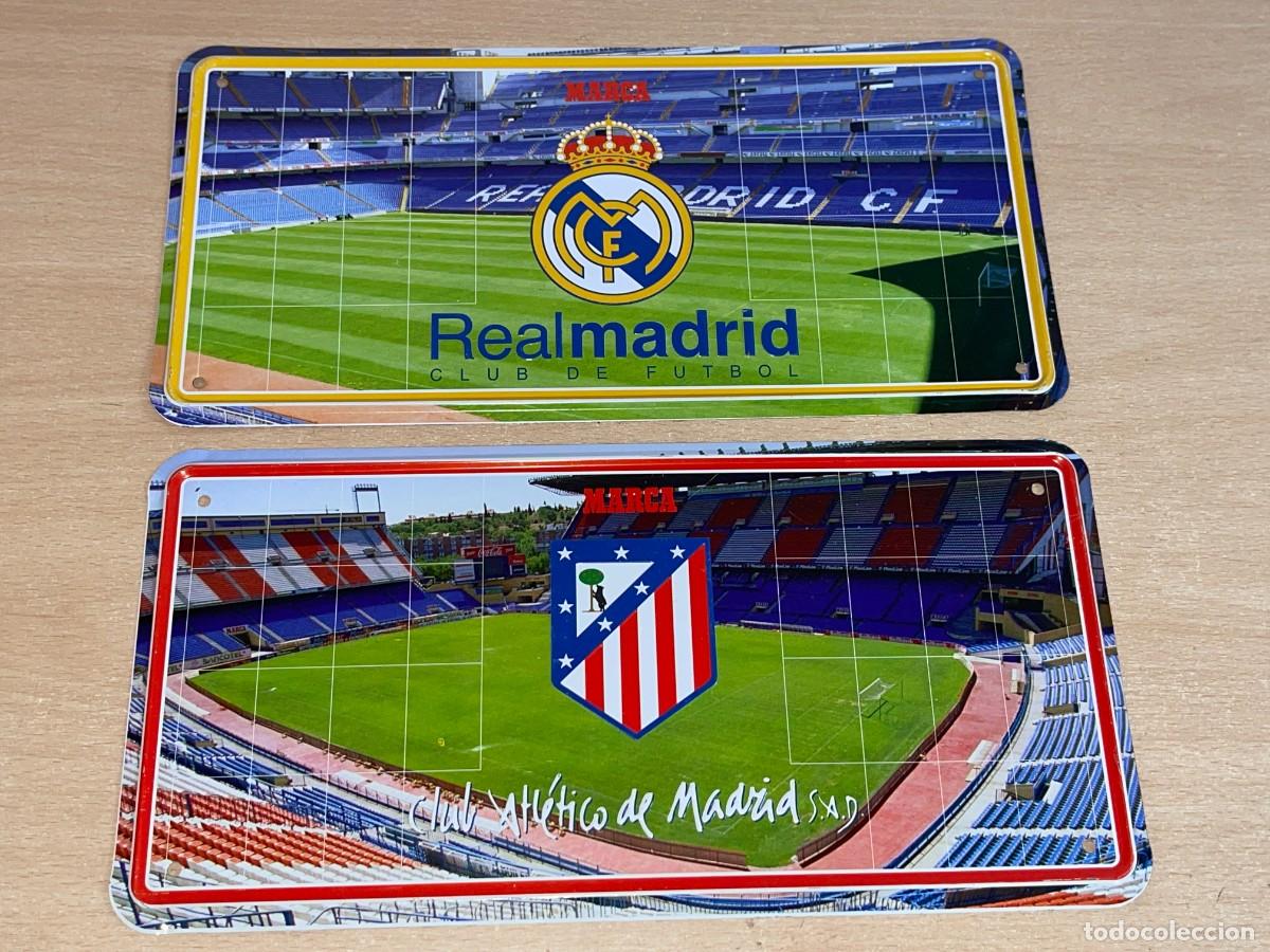 Coleccionismo deportivo: REAL MADRID ATLETICO DE MADRID 2 Placas matriculas metal Vicente Calderon Santigo Bernab&eacute;u RM Marca
