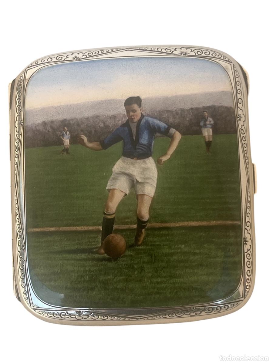 Coleccionismo deportivo: EXCELENTE PITILLERA DE FUTBOL DE PLATA ESMALTADA LONDRES PRINCIPIO DEL SIGLO XX.