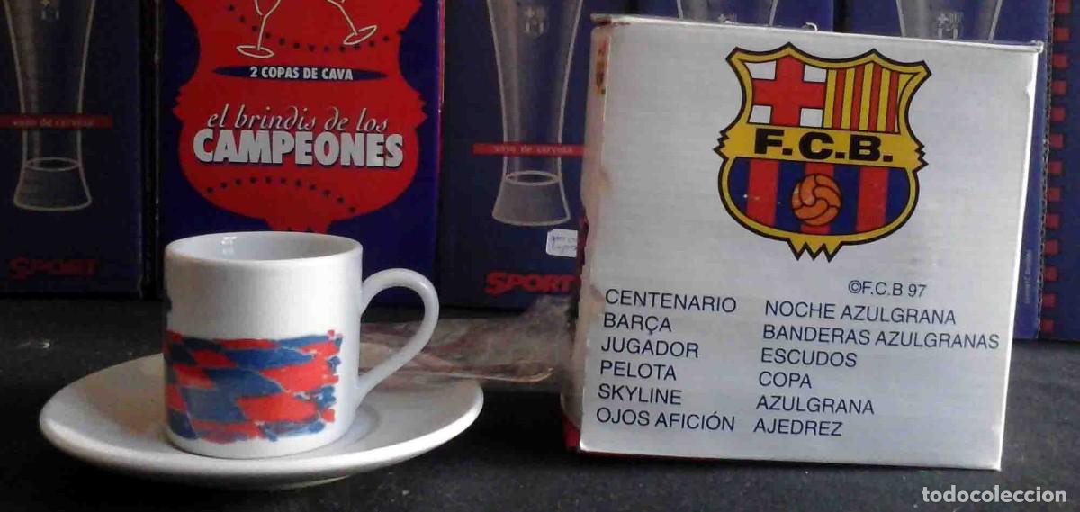 Sammelleidenschaft Sport: Juego de caf&eacute; con el escudo del Bar&ccedil;a (vaso, plato y cucharilla) Sin usar.