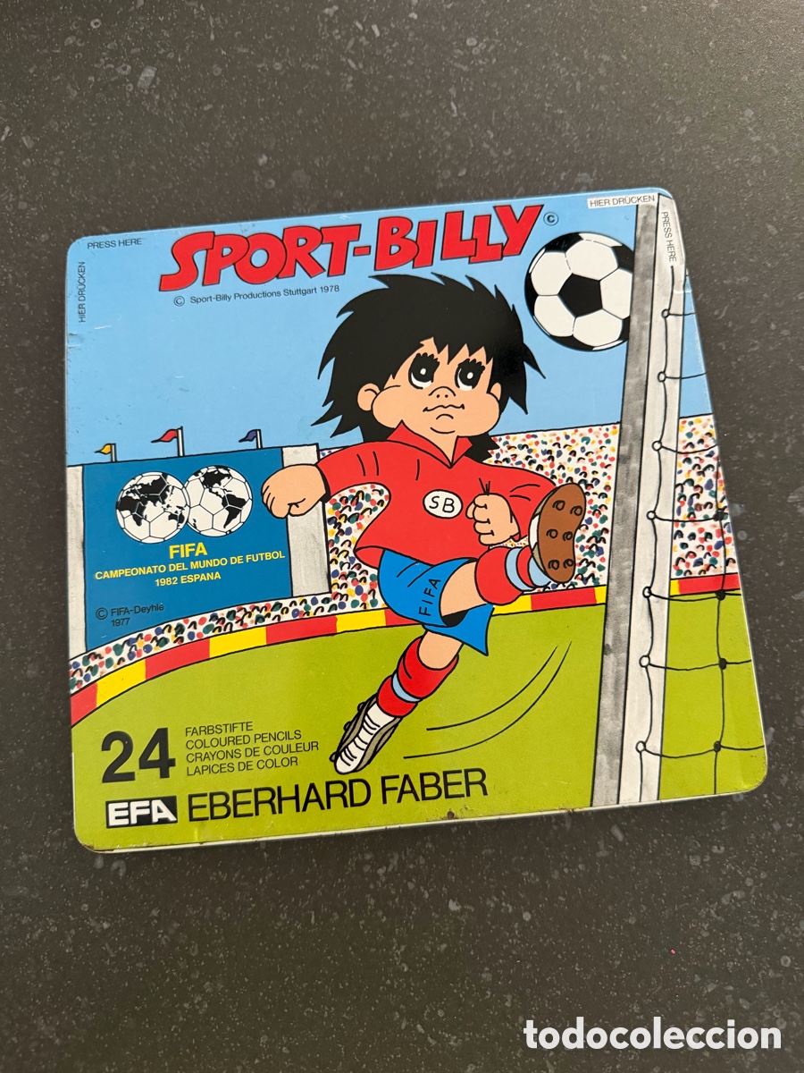 Coleccionismo deportivo: Caja Met&aacute;lica 24 L&aacute;pices SPORT-BILLY Eberhard Faber - Mundial de F&uacute;tbol Espa&ntilde;a 1982 FIFA