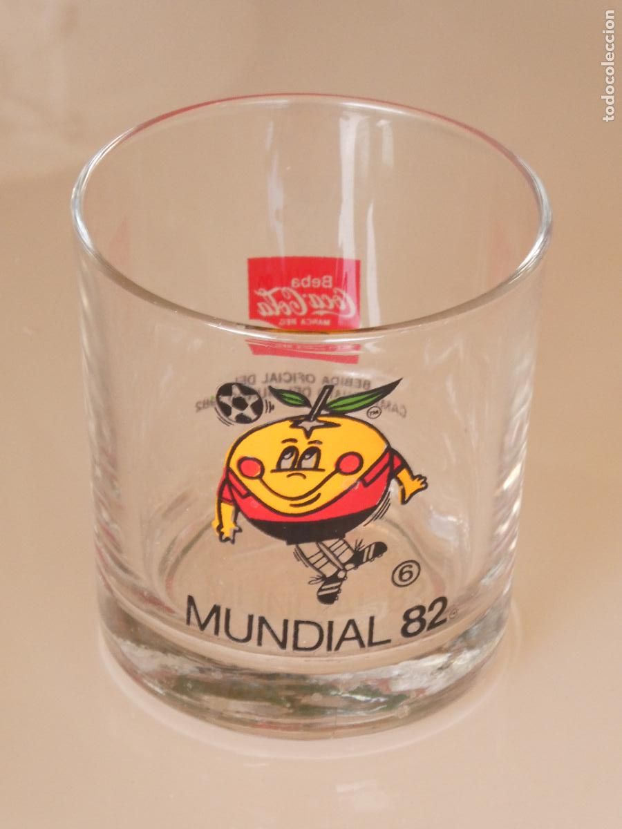 Sammelleidenschaft Sport: VASO CRISTAL MUNDIAL F&Uacute;TBOL ESPA&Ntilde;A 82 1982 NARANJITO N&ordm; 6 COCA COLA COCACOLA. 300GR
