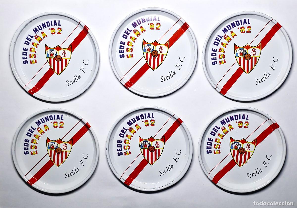 Coleccionismo deportivo: LOTE 6 POSAVASOS DE METAL. SEDE DEL MUNDIAL ESPA&Ntilde;A 82, SEVILLA FC